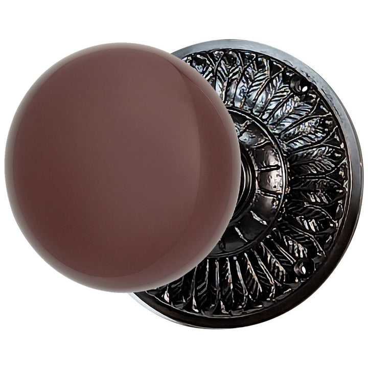 Brown Porcelain Door Knob with Brass Feathers Rosette