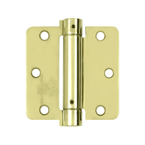 3 1/2 Inch x 3 1/2 Inch Steel Spring Hinge (1/4 Radius Corner, Polished Brass Finish)