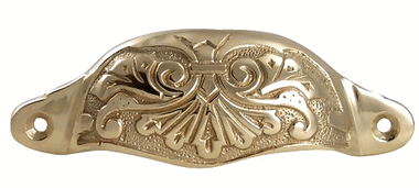 4 3/8 Inch Overall (3 3/4 Inch c-c) Solid Brass Ornate Victorian Scroll Cup or Bin Pull (Polished Brass Finish)
