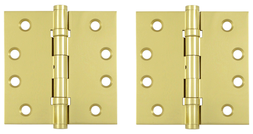 4 Inch X 4 Inch Ball Bearing Hinge Interchangeable Finials (Square Corner, Polished Brass Finish)