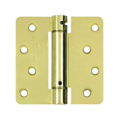 4 Inch x 4 Inch Steel Spring Hinge (1/4 Radius Corner, Polished Brass Finish)