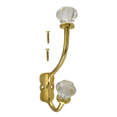 7 1/2 Inch Solid Brass Coat Hook & Hexagonal Clear Glass Knobs (Polished Brass Finish)