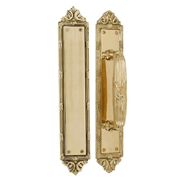 13 3/4 Inch Solid Brass Ribbon & Reed Door Push and Pull Plate Set (Lacquered Brass Finish)