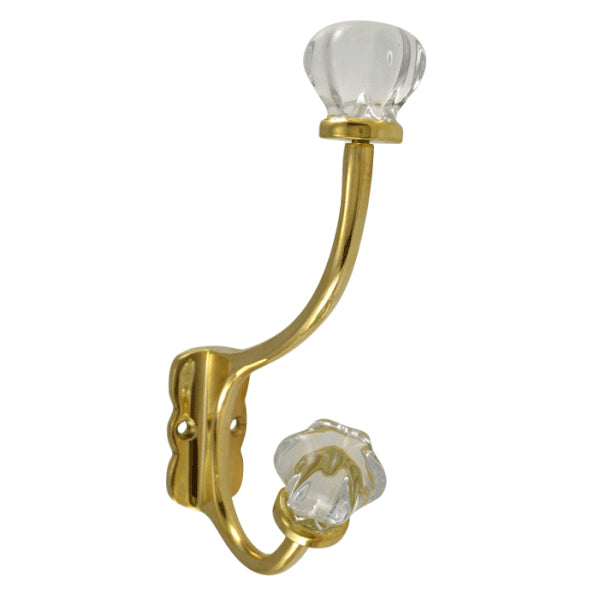 7 1/2 Inch Solid Brass Coat Hook & Hexagonal Clear Glass Knobs (Polished Brass Finish)