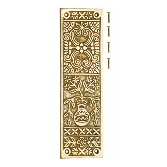10 Inch Broken Leaf Pattern Solid Brass Push Plate (Lacquered Brass Finish)