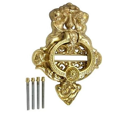 10 Inch Tall Solid Brass Cherubs French Empire Door Knocker (Polished Brass Finish)