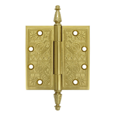4 1/2 X 4 1/2 Inch Solid Brass Ornate Finial Style Hinge (PVD Polished Brass Finish)