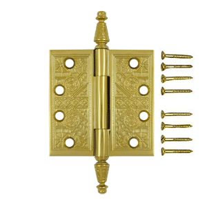 4 1/2 X 4 1/2 Inch Solid Brass Ornate Finial Style Hinge (PVD Polished Brass Finish)