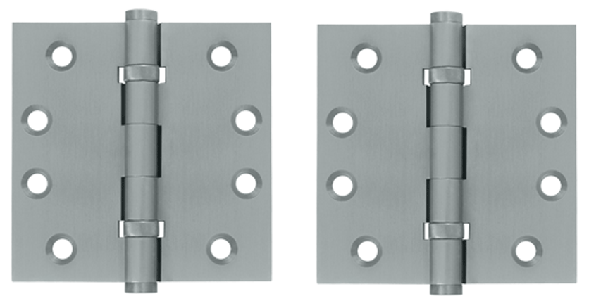 Pair 4 Inch X 4 Inch Double Ball Bearing Hinge Interchangeable Finials (Square Corner, Brushed Chrome Finish)