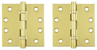 Pair 4 Inch X 4 Inch Double Ball Bearing Hinge Interchangeable Finials (Square Corner, Polished Brass Finish)
