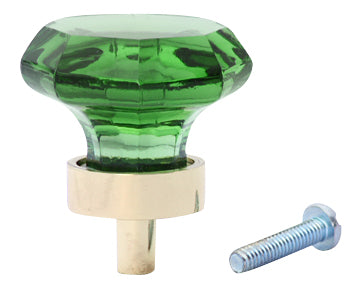 1 3/8 Inch Emerald Green Glass Octagon Old Town Cabinet Knob (Polished Brass Base)