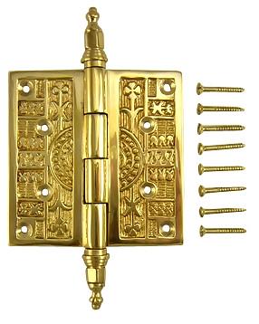 3 1/2 x 3 1/2 Inch Steeple Tipped Victorian Solid Brass Hinge (Polished Brass Finish)