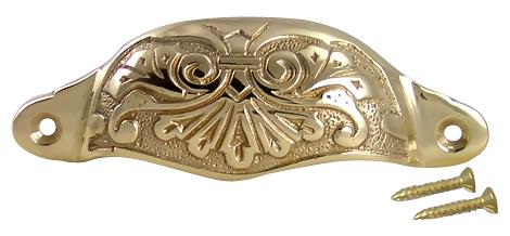 4 3/8 Inch Overall (3 3/4 Inch c-c) Solid Brass Ornate Victorian Scroll Cup or Bin Pull (Polished Brass Finish)
