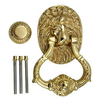 4 3/4 Inch (3 3/4 Inch c-c) Large Ornate Lion Door Knocker (Polished Brass Finish)