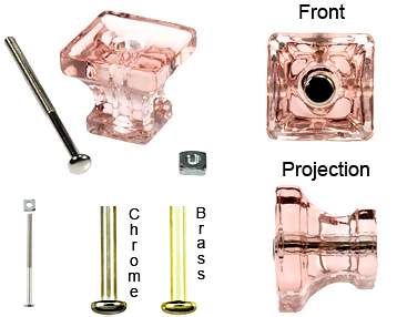 1 1/4 Inch Square Depression Pink Glass Knobs