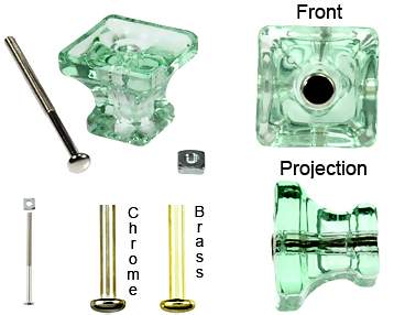 1 1/4 Inch Square Depression Green Glass Knobs