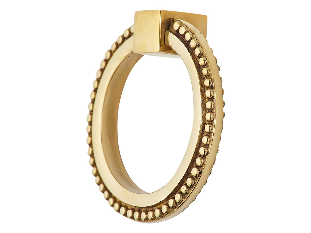 3 Inch Solid Brass Beaded Drawer Ring Pull (Polished Brass)