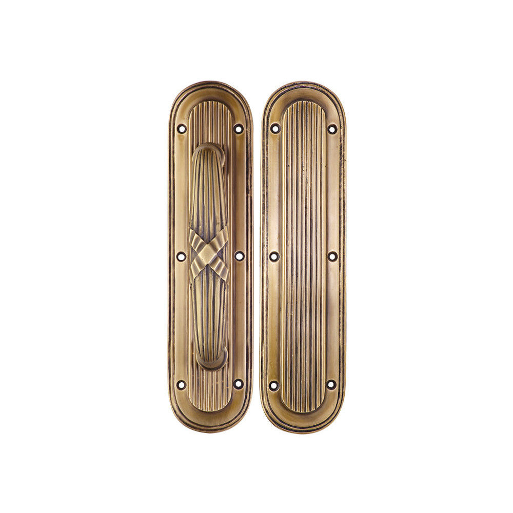 COPPER MOUNTAIN HARDWARE 10 1/2 Inch Art Deco Style Door Pull and Push Plate Set (Antique Brass Finish)