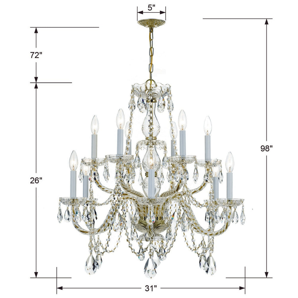 Traditional Crystal 12 Light Clear Italian Crystal Historic Polished Brass Chandelier Crystorama