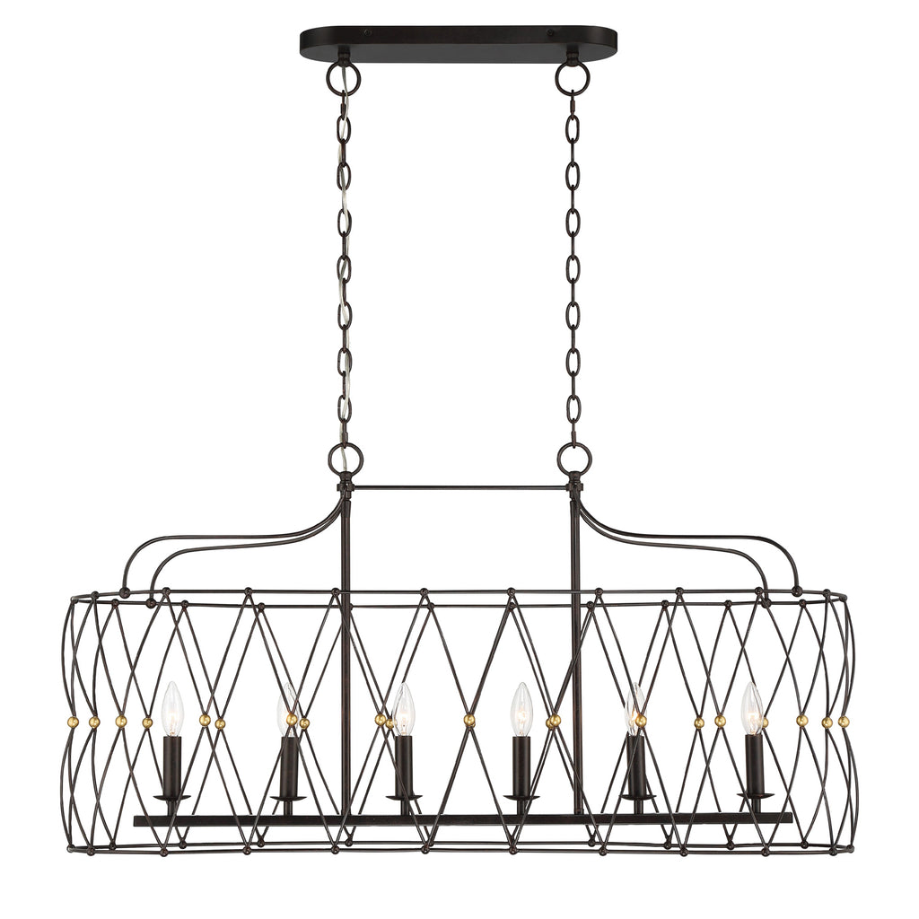 Zucca 6 Light English Bronze + Antique Gold Linear Chandelier Crystorama