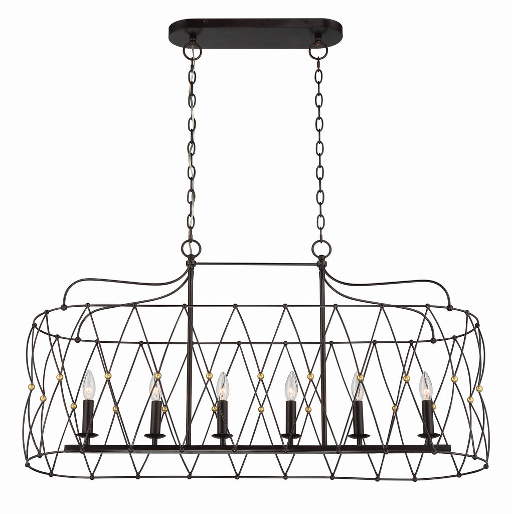 Zucca 6 Light English Bronze + Antique Gold Linear Chandelier Crystorama