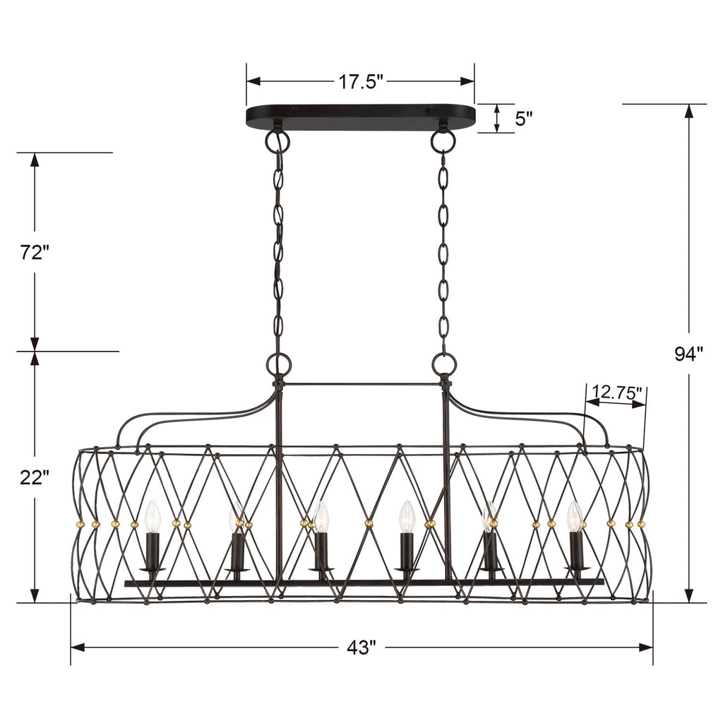 Zucca 6 Light English Bronze + Antique Gold Linear Chandelier Crystorama