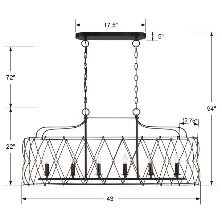 Zucca 6 Light English Bronze + Antique Gold Linear Chandelier Crystorama