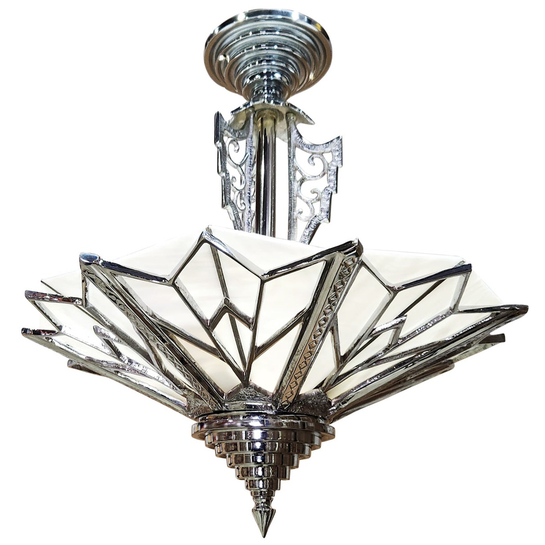 17 Inch Classic Art Deco Close Ceiling Light with White Stained Glass (Polished Chrome Finish) COPPER MOUNTAIN HARDWARE