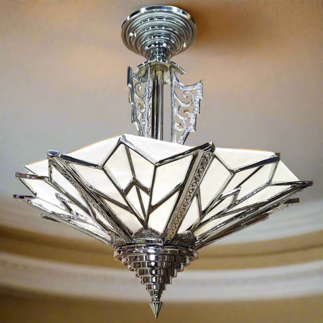 17 Inch Classic Art Deco Close Ceiling Light with White Stained Glass (Polished Chrome Finish) COPPER MOUNTAIN HARDWARE