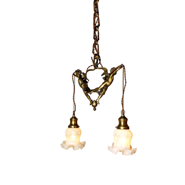 LUMEN ARIA 22 Inch Handmade Antique Cherub Two-Light Chandelier With Brass Chain