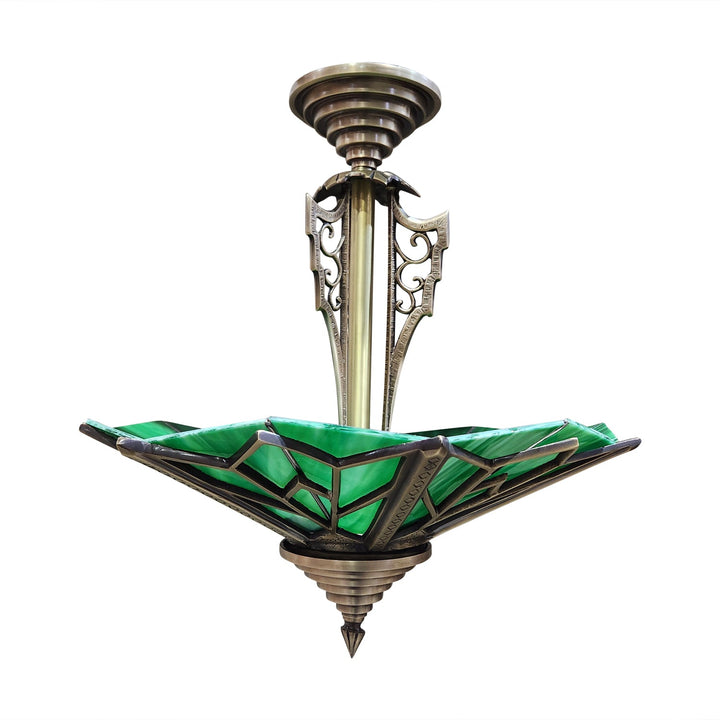 17 Inch Classic Art Deco Close Ceiling Light with Deco Green Glass (Antique Brass Finish) COPPER MOUNTAIN HARDWARE