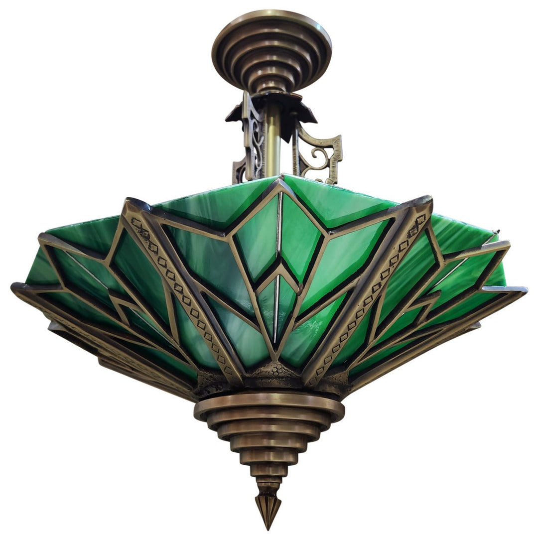 17 Inch Classic Art Deco Close Ceiling Light with Deco Green Glass (Antique Brass Finish) COPPER MOUNTAIN HARDWARE