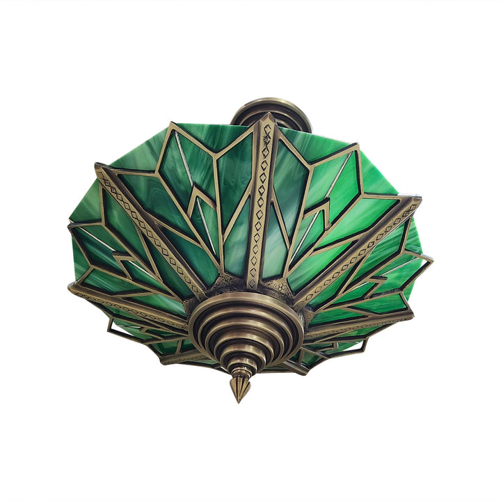 17 Inch Classic Art Deco Close Ceiling Light with Deco Green Glass (Antique Brass Finish) COPPER MOUNTAIN HARDWARE