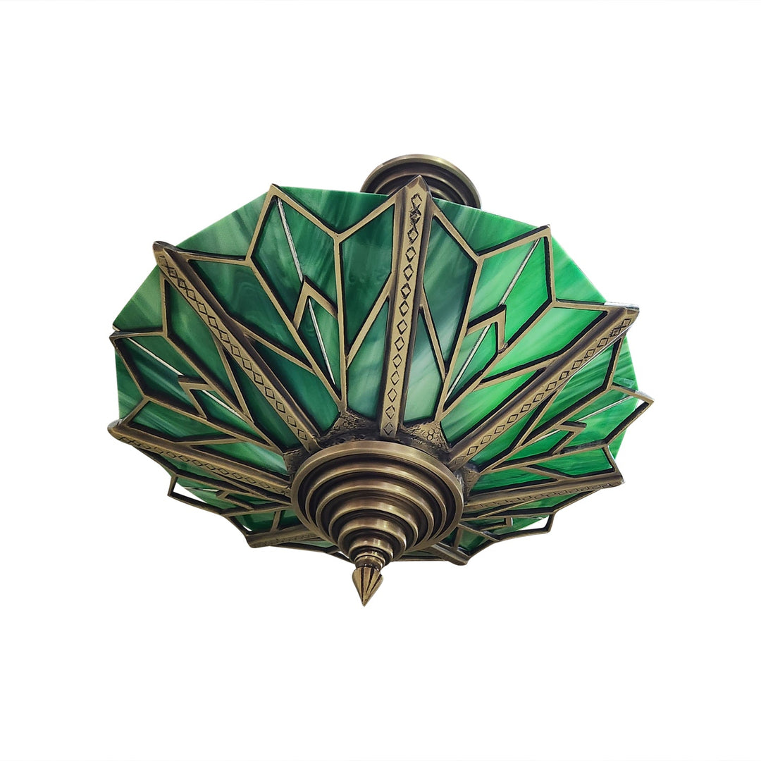 17 Inch Classic Art Deco Close Ceiling Light with Deco Green Glass (Antique Brass Finish) COPPER MOUNTAIN HARDWARE