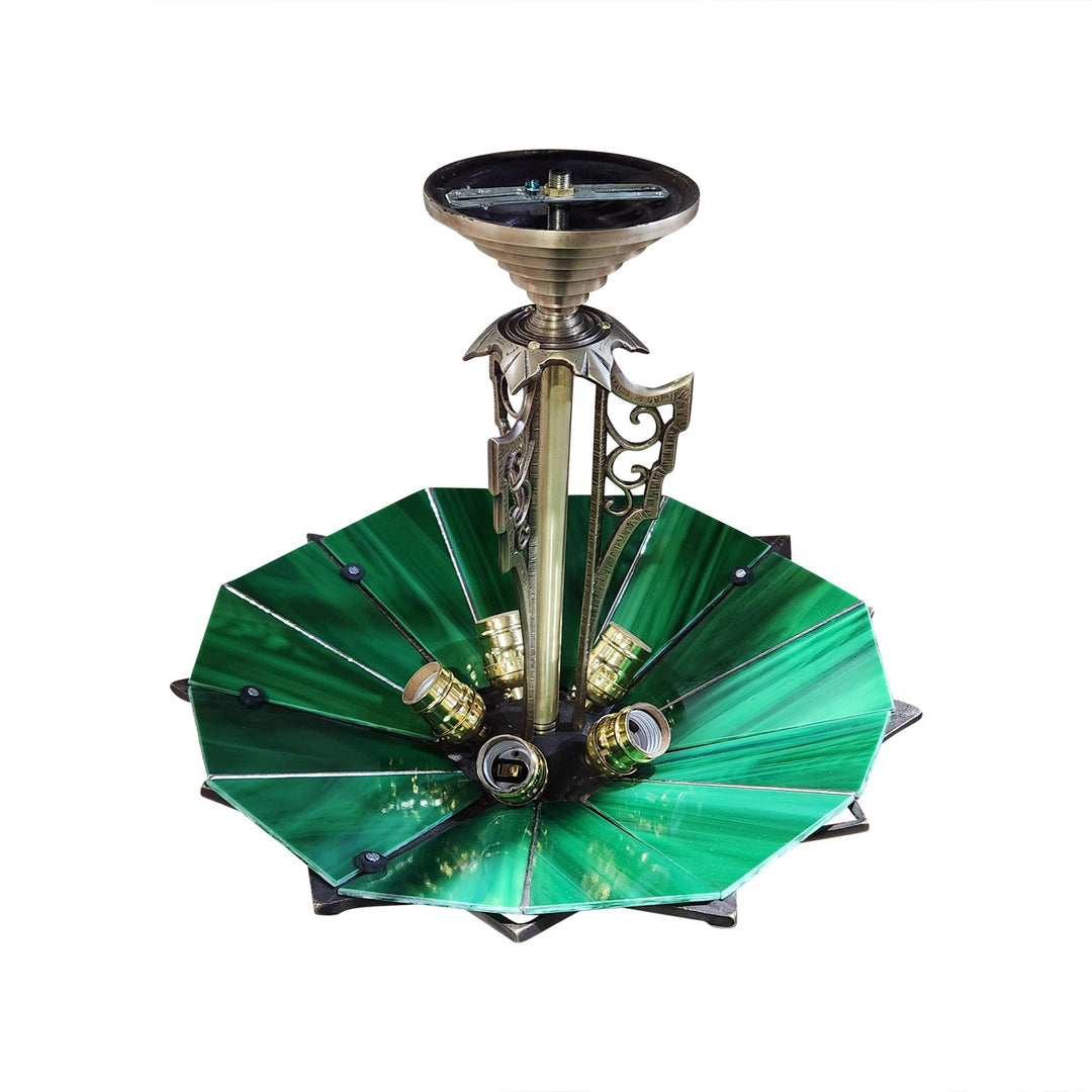 17 Inch Classic Art Deco Close Ceiling Light with Deco Green Glass (Antique Brass Finish) COPPER MOUNTAIN HARDWARE