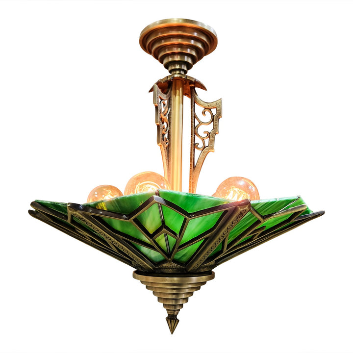 17 Inch Classic Art Deco Close Ceiling Light with Deco Green Glass (Antique Brass Finish) COPPER MOUNTAIN HARDWARE