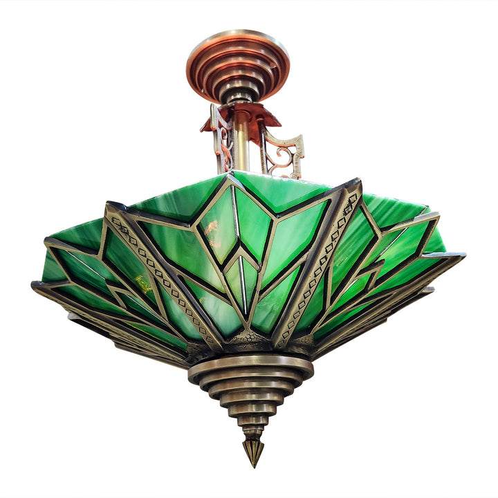 17 Inch Classic Art Deco Close Ceiling Light with Deco Green Glass (Antique Brass Finish) COPPER MOUNTAIN HARDWARE