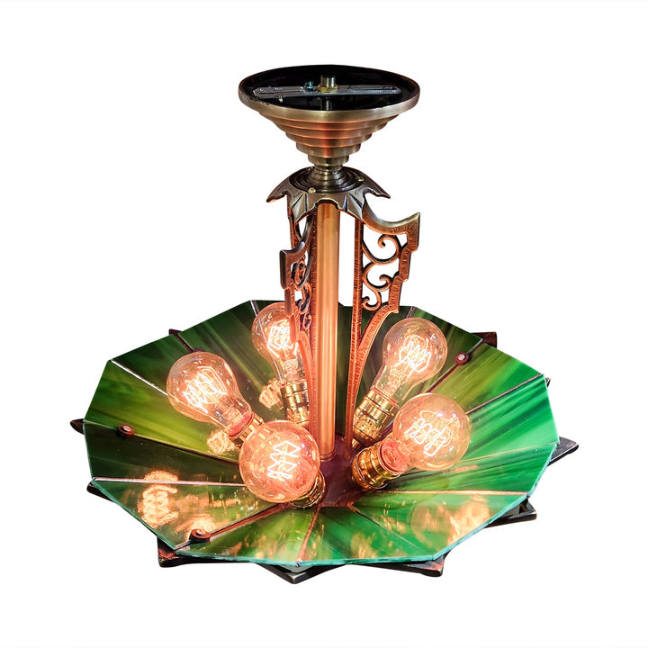 17 Inch Classic Art Deco Close Ceiling Light with Deco Green Glass (Antique Brass Finish) COPPER MOUNTAIN HARDWARE