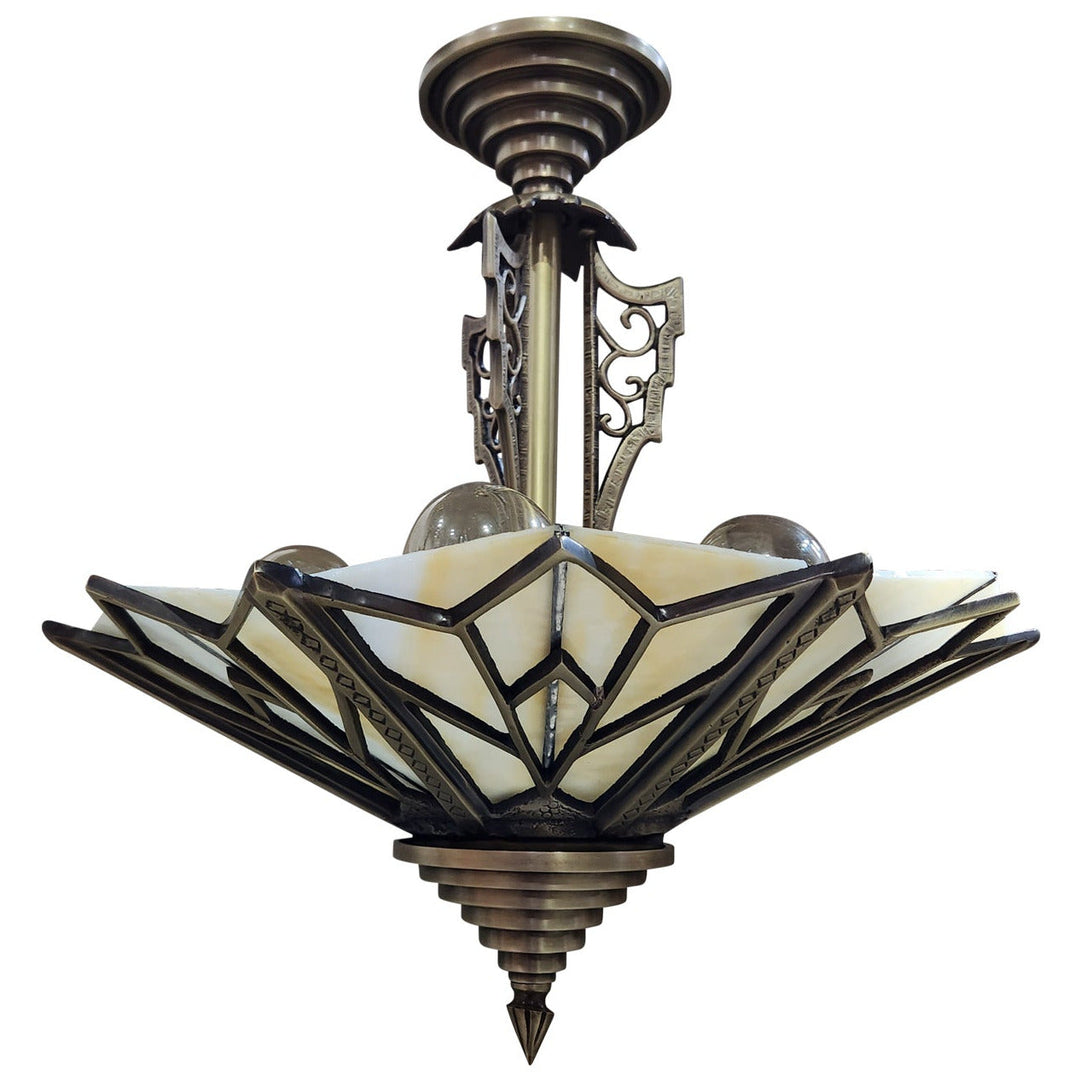 17 Inch Classic Art Deco Close Ceiling Light with Amber Glass (Antique Brass Finish) COPPER MOUNTAIN HARDWARE