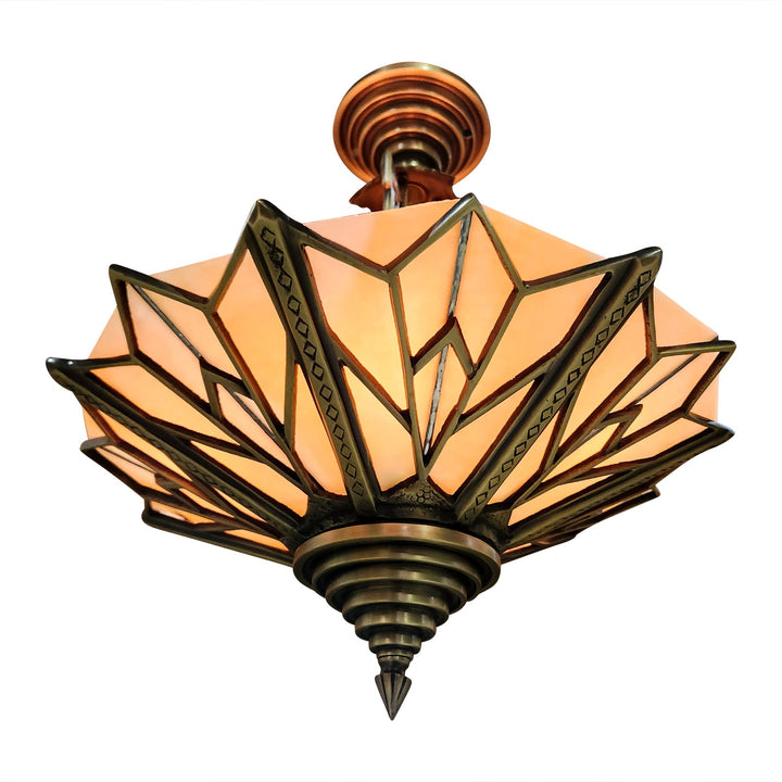 17 Inch Classic Art Deco Close Ceiling Light with Amber Glass (Antique Brass Finish) COPPER MOUNTAIN HARDWARE