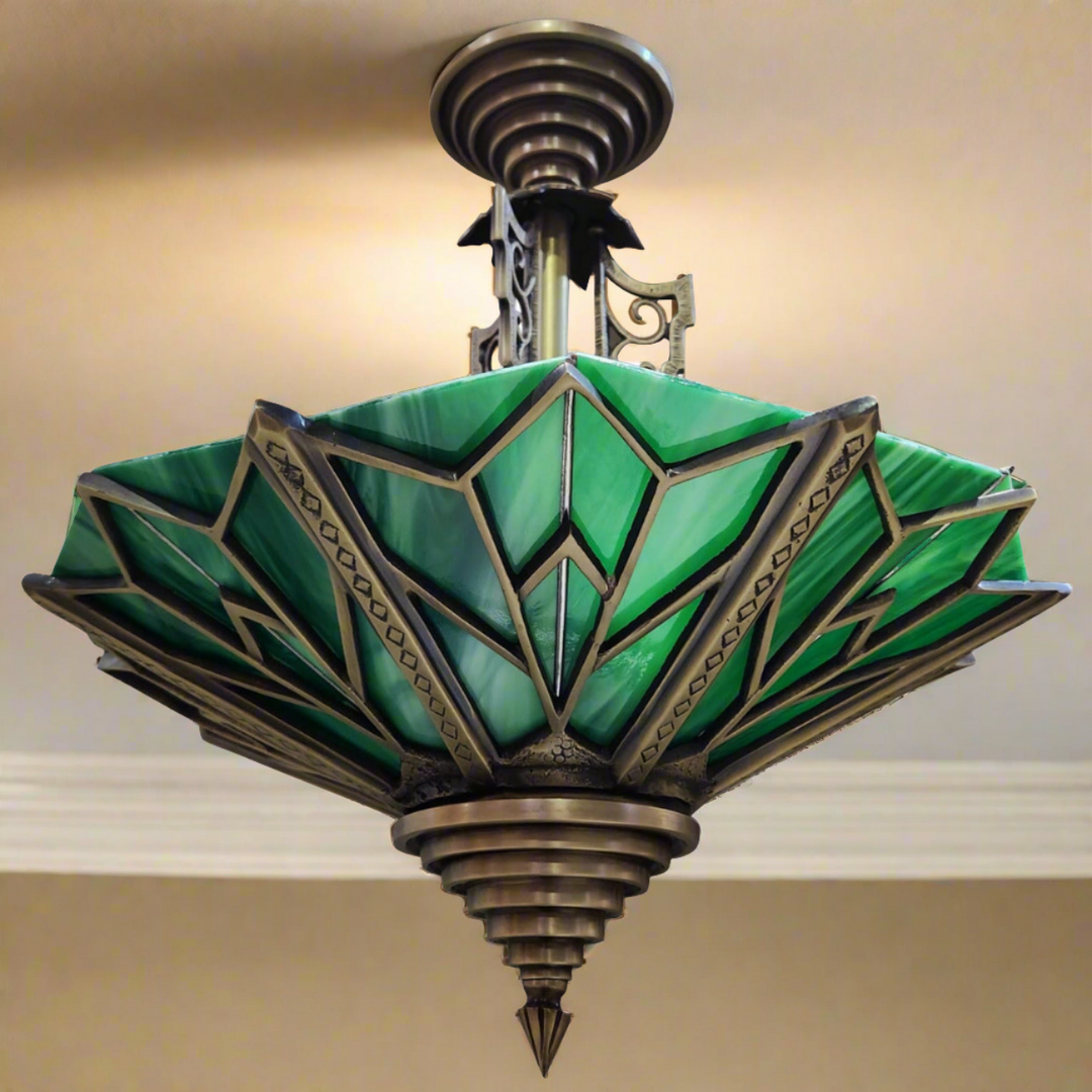 17 Inch Classic Art Deco Close Ceiling Light with Deco Green Glass (Antique Brass Finish) COPPER MOUNTAIN HARDWARE