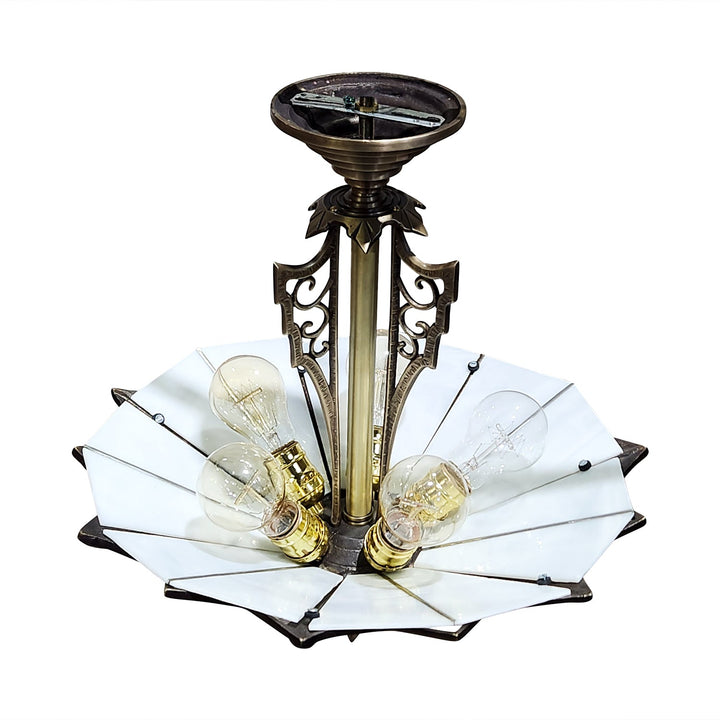 17 Inch Classic Art Deco Close Ceiling Light with White Stained Glass (Antique Brass Finish) COPPER MOUNTAIN HARDWARE