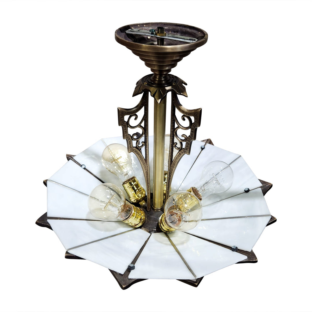 17 Inch Classic Art Deco Close Ceiling Light with White Stained Glass (Antique Brass Finish) COPPER MOUNTAIN HARDWARE