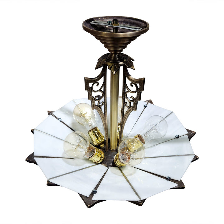 17 Inch Classic Art Deco Close Ceiling Light with White Stained Glass (Antique Brass Finish) COPPER MOUNTAIN HARDWARE