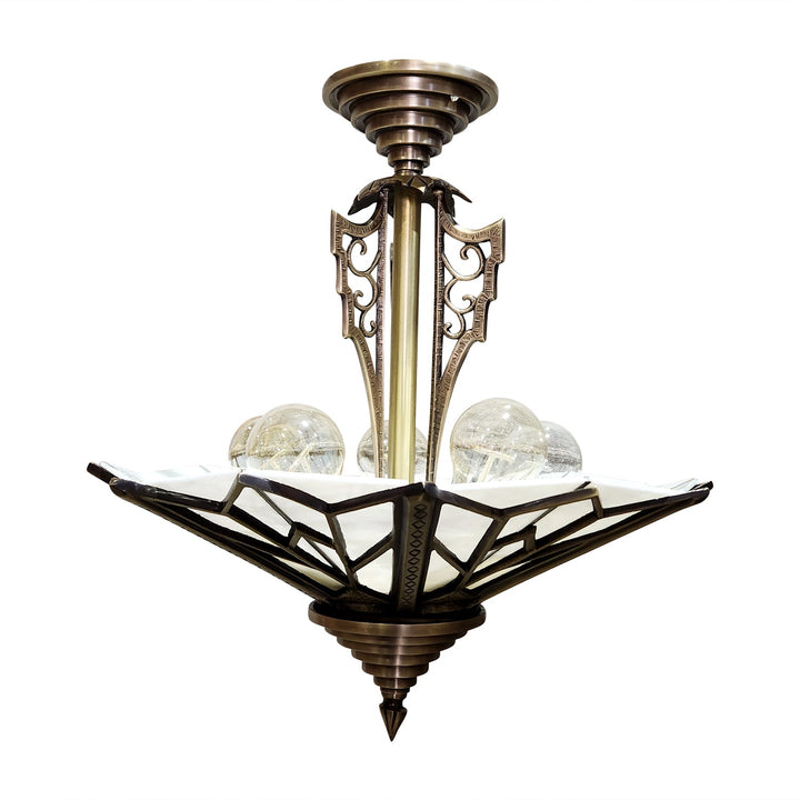 17 Inch Classic Art Deco Close Ceiling Light with White Stained Glass (Antique Brass Finish) COPPER MOUNTAIN HARDWARE