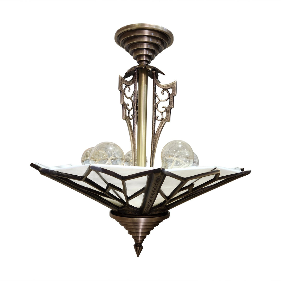 17 Inch Classic Art Deco Close Ceiling Light with White Stained Glass (Antique Brass Finish) COPPER MOUNTAIN HARDWARE