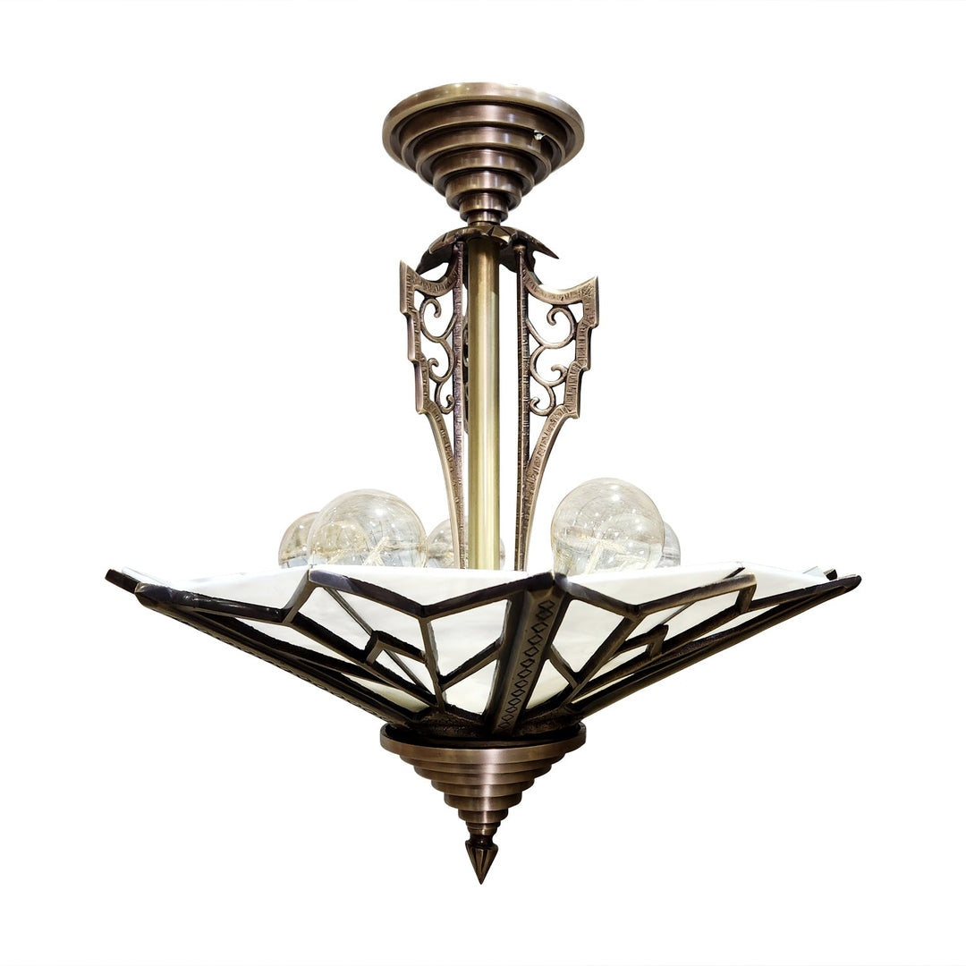 17 Inch Classic Art Deco Close Ceiling Light with White Stained Glass (Antique Brass Finish) COPPER MOUNTAIN HARDWARE