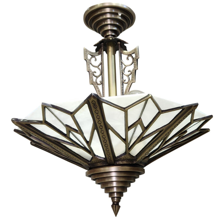 17 Inch Classic Art Deco Close Ceiling Light with White Stained Glass (Antique Brass Finish) COPPER MOUNTAIN HARDWARE