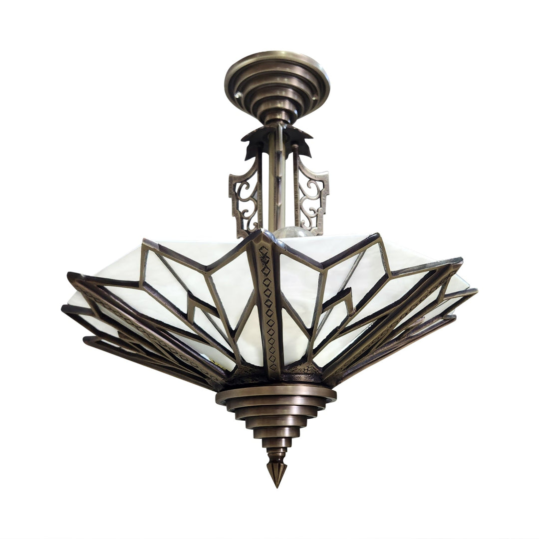 17 Inch Classic Art Deco Close Ceiling Light with White Stained Glass (Antique Brass Finish) COPPER MOUNTAIN HARDWARE