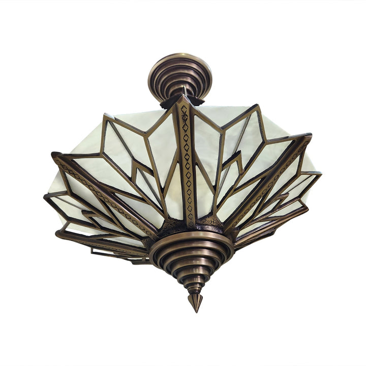 17 Inch Classic Art Deco Close Ceiling Light with White Stained Glass (Antique Brass Finish) COPPER MOUNTAIN HARDWARE